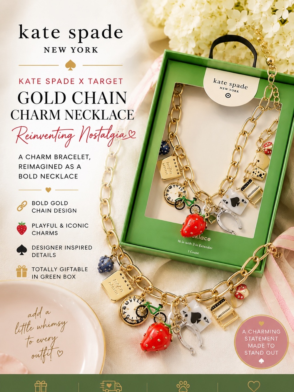 KATE SPADE X Target Gold Chain Charm Necklace Reinventing Nostalgia New In Box.